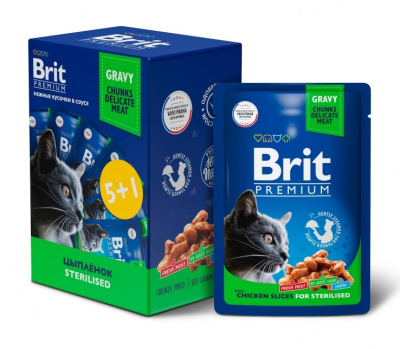 Brit Premium 0,085кг Промо-Набор 5+1 цыпленок в соусе паучи для взрослых стерилизованных кошек (55128)