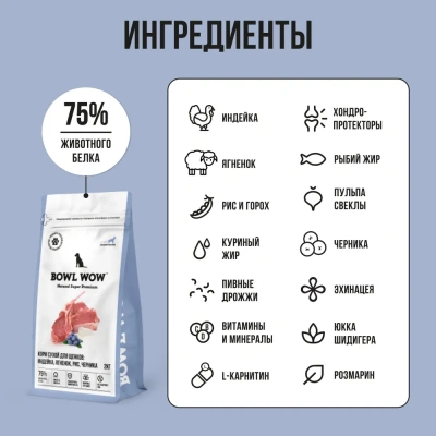 Bowl Wow 2кг индейка, ягненок с рисом и черникой сухой для щенков крупных пород  (661436) NEW фото Bowl Wow 2кг индейка, ягненок с рисом и черникой сухой для щенков крупных пород  (661436) NEW фото