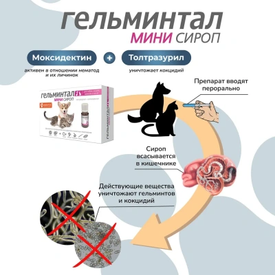 Гельминтал Мини сироп 5мл антигельминтик для щенков и котят, 1мл/2кг (ЛИЦЕНЗИЯ) фото Гельминтал Мини сироп 5мл антигельминтик для щенков и котят, 1мл/2кг (ЛИЦЕНЗИЯ) фото