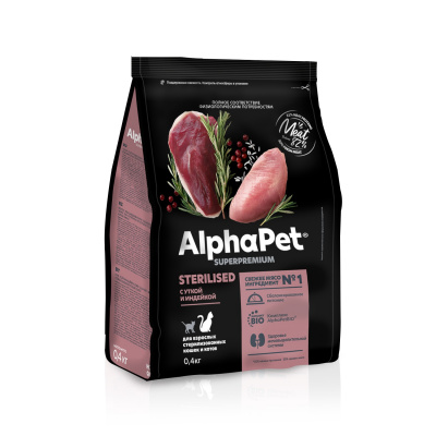 AlphaPet Superpremium (АльфаПет) 0,4кг с уткой и индейкой сухой для стерилизованных кошек (651690) фото AlphaPet Superpremium (АльфаПет) 0,4кг с уткой и индейкой сухой для стерилизованных кошек (651690) фото