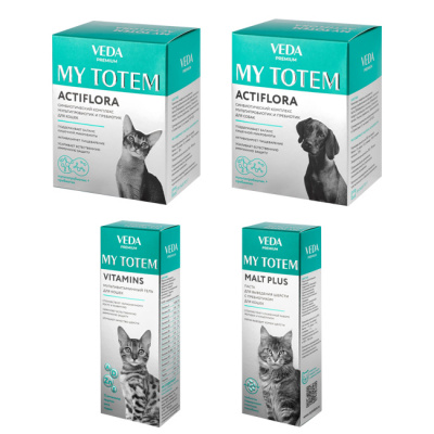 VEDA My Totem набор 3+1 Aktiflora для собак и для кошек+Vitamins гель для кошек+Malt Plus паста для кошек