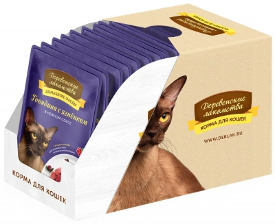 Деревенские лакомства 0,085кг говядина с ягнёнком в нежном соусе пауч для кошек (70063033) фото