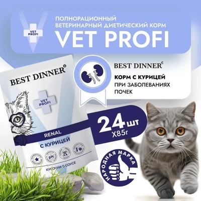 Best Dinner Vet Profi Renal 0,085кг (диета при почечной недостаточности) курица кусочки в соусе влажный для кошек (403394) Best Dinner Vet Profi Renal 0,085кг (диета при почечной недостаточности) курица кусочки в соусе влажный для кошек (403394) фото