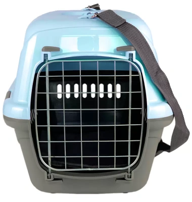 Переноска (Зооэкспресс) 18321 переноска для живот."Турне"L с металлической дверцей (коврик+ремень) 54.5*36*34 см голубая фото