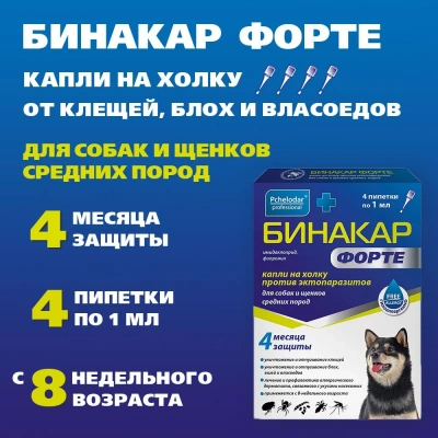 Бинакар Форте (Пчелодар) Капли на холку против эктопаразитов для собак и щенков средних пород 4пип по 1мл НДС 10% фото