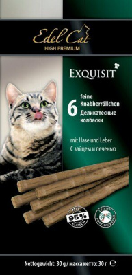Edel Cat 0,03кг лакомство колбаски заяц и печень для кошек, 6шт