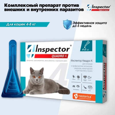 Капли (Inspector) Quadro К (1пип) от блох, клещей и глистов для кошек от 4 до 8кг (ЛИЦЕНЗИЯ) Капли (Inspector) Quadro К (1пип) от блох, клещей и глистов для кошек от 4 до 8кг (ЛИЦЕНЗИЯ) фото