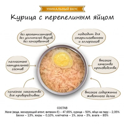 Секрет (Secret) Премиум 0,085кг курица с перепелиным яйцом в желе консервы для кошек (022020) фото