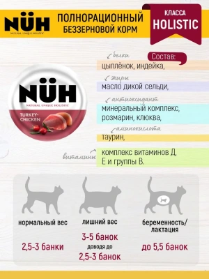 Нюх (NUH) 0,1кг индейка и цыплёнок беззерновой влажный для взрослых кошек фото Нюх (NUH) 0,1кг индейка и цыплёнок беззерновой влажный для взрослых кошек фото