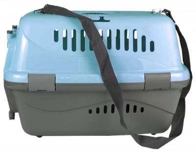 Переноска (Зооэкспресс) 18321 переноска для живот."Турне"L с металлической дверцей (коврик+ремень) 54.5*36*34 см голубая фото