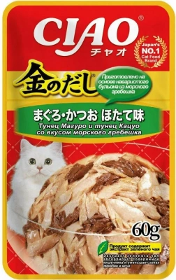 RU201 Inaba Ciao Kinnodashi 0,06кг*24шт Тунец Магуро и тунец Кацуо со вкусом морского гребешка влажный корм для взрослых кошек (Шоу-бокс) фото RU201 Inaba Ciao Kinnodashi 0,06кг*24шт Тунец Магуро и тунец Кацуо со вкусом морского гребешка влажный корм для взрослых кошек (Шоу-бокс) фото