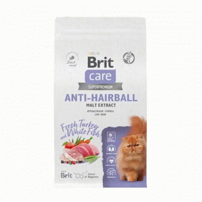 Brit Care Cat Anti-Hairball 7кг белая рыба и индейка сухой для кошек, вывод шерсти (5066278) фото