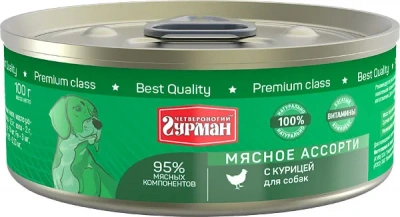 Четвероногий гурман 0,1кг Мясное ассорти с курицей консервы для собак фото Четвероногий гурман 0,1кг Мясное ассорти с курицей консервы для собак фото