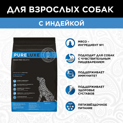 PURELUXE 10,89кг Элитное Питание для собак взрослых с индейкой 10,89кг (939570)