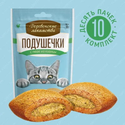 Деревенские лакомства 0,03кг Подушечки с пюре из курицы, для кошек (79207774) фото