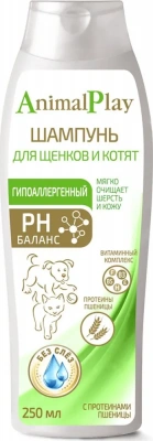 Шампунь (Animal Play) гипоаллергенный с протеинами пшеницы и витаминами для щенков и котят, 250мл фото Шампунь (Animal Play) гипоаллергенный с протеинами пшеницы и витаминами для щенков и котят, 250мл фото
