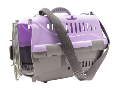 Переноска (Зооэкспресс) 18222 для животных "Турне"L с пластиковой дверцей (коврик+ремень) 54.5*36*34 см фиолетовая