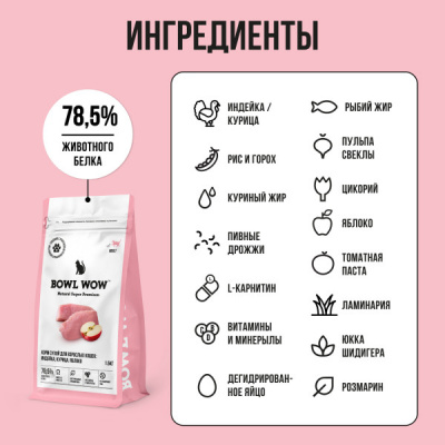 Bowl Wow 1,5кг с индейкой и яблоком сухой для кошек (660965) фото Bowl Wow 1,5кг с индейкой и яблоком сухой для кошек (660965) фото