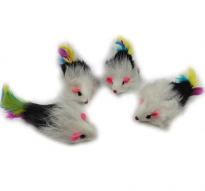 Keiko И7 Игрушка для кошек Мышка натуральный мех черно-белая перья/погремушка 5-6см (1/20)