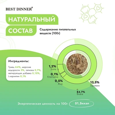 Best Dinner Holistic 0,07кг тунец с морскими водорослями в соусе для стерилизованных кошек (400812) фото Best Dinner Holistic 0,07кг тунец с морскими водорослями в соусе для стерилизованных кошек (400812) фото