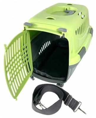 Переноска (Зооэкспресс) 18223 для животных "Турне"L с пластиковой дверцей (коврик+ремень) 54.5*36*34 см зеленая