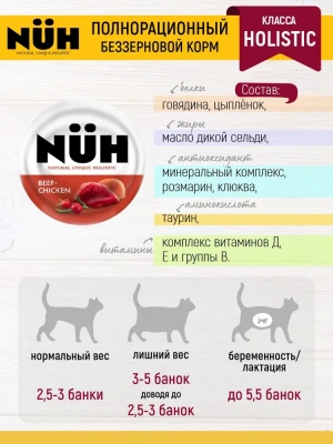 Нюх (NUH) 0,1кг говядина и цыплёнок беззерновой влажный для взрослых кошек фото Нюх (NUH) 0,1кг говядина и цыплёнок беззерновой влажный для взрослых кошек фото