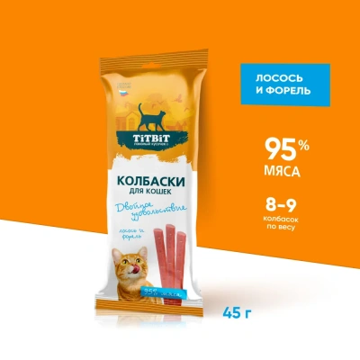 TiTBiT 0,045кг колбаски Двойное удовольствие с лососем и форелью для кошек  фото