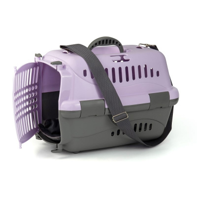 Переноска (Зооэкспресс) 17222 для животных "Турне" S с пластиковой дверцей (коврик + ремень) 42*29*29,5 см фиолетовая