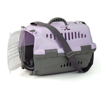 Переноска (Зооэкспресс) 17122 для животных "Турне" S с прозрачной пластиковой дверцей (ковик + ремень) 42*29*29,5 см фиолетовая