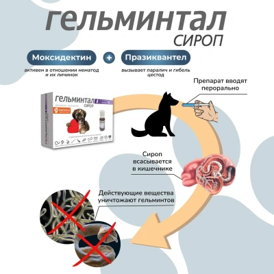 Гельминтал сироп 10мл антигельминтик  для щенков и собак менее 10кг, 1мл/2кг (ЛИЦЕНЗИЯ) фото Гельминтал сироп 10мл антигельминтик  для щенков и собак менее 10кг, 1мл/2кг (ЛИЦЕНЗИЯ) фото