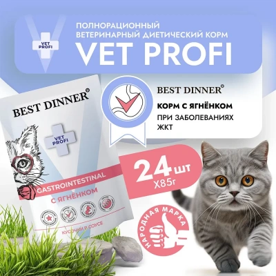Best Dinner Vet Profi Gastro Intestinal 0,085кг (ЖКТ) ягненок кусочки в соусе влажный для кошек (403523) Best Dinner Vet Profi Gastro Intestinal 0,085кг (ЖКТ) ягненок кусочки в соусе влажный для кошек (403523)