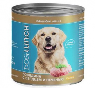 Дог Ланч 0,75кг консервы для собак говядина с сердцем и печенью в соусе  Дог Ланч 0,75кг консервы для собак говядина с сердцем и печенью в соусе