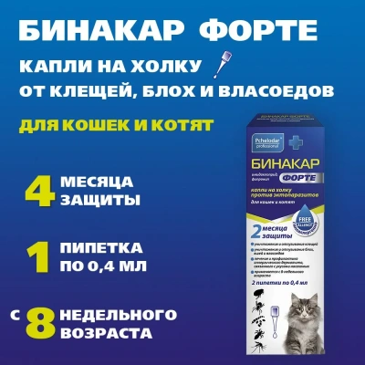 Бинакар Форте (Пчелодар) Капли на холку против эктопаразитов для кошек и котят 2пип по 0,4мл НДС 10% Бинакар Форте (Пчелодар) Капли на холку против эктопаразитов для кошек и котят 2пип по 0,4мл НДС 10% фото