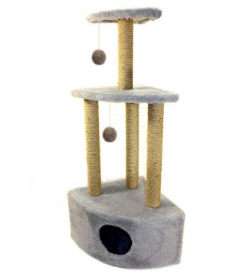 Домик Меридиан когтеточка Угловой трехэтажный, джут (40*40*115), светло-серый, д/кошек