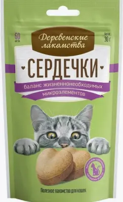 Деревенские лакомства 0,03кг сердечки баланс жизненно необходимые  микроэлементы для кошек (76050755) фото
