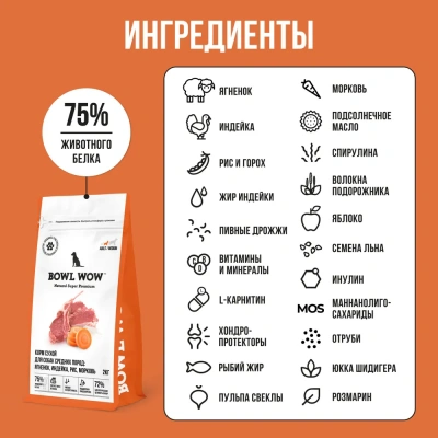 Bowl Wow 2кг ягненок, индейка с рисом и морковью сухой для собак средних пород  (661825) фото