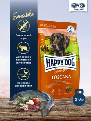 Happy Dog Supreme Toscana 2,8кг утка лосось сухой для собак средних и крупных пород с чувствительным пищеварением и избыточным весом (117202) Happy Dog Supreme Toscana 2,8кг утка лосось сухой для собак средних и крупных пород с чувствительным пищеварением и избыточным весом (117202)