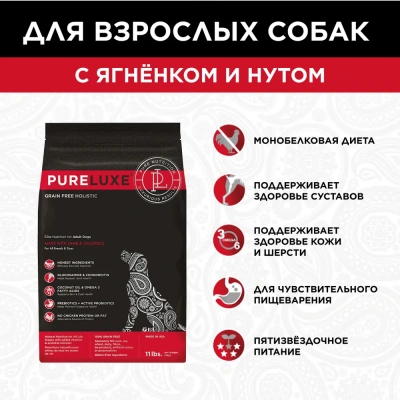 PURELUXE 18,14кг Элитное Питание для собак взрослых с ягненком и нутом (939624)
